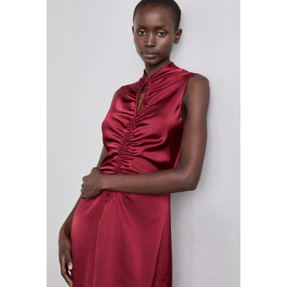 SANDRO Red Titanic Midi Dress Ruched Satin Bordeaux Sleeveless Women's 36/US 4 - Picture 11 of 11